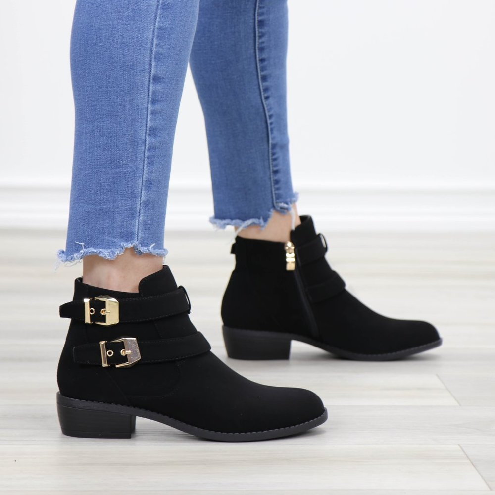 Black Velvet Ankle Boots Gold Buckles Booties - Picture 5 of 13